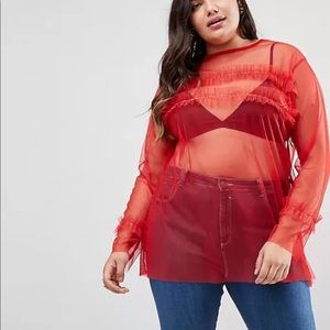 ASOS CURVE Red Top in Mesh with Ruffle Front
